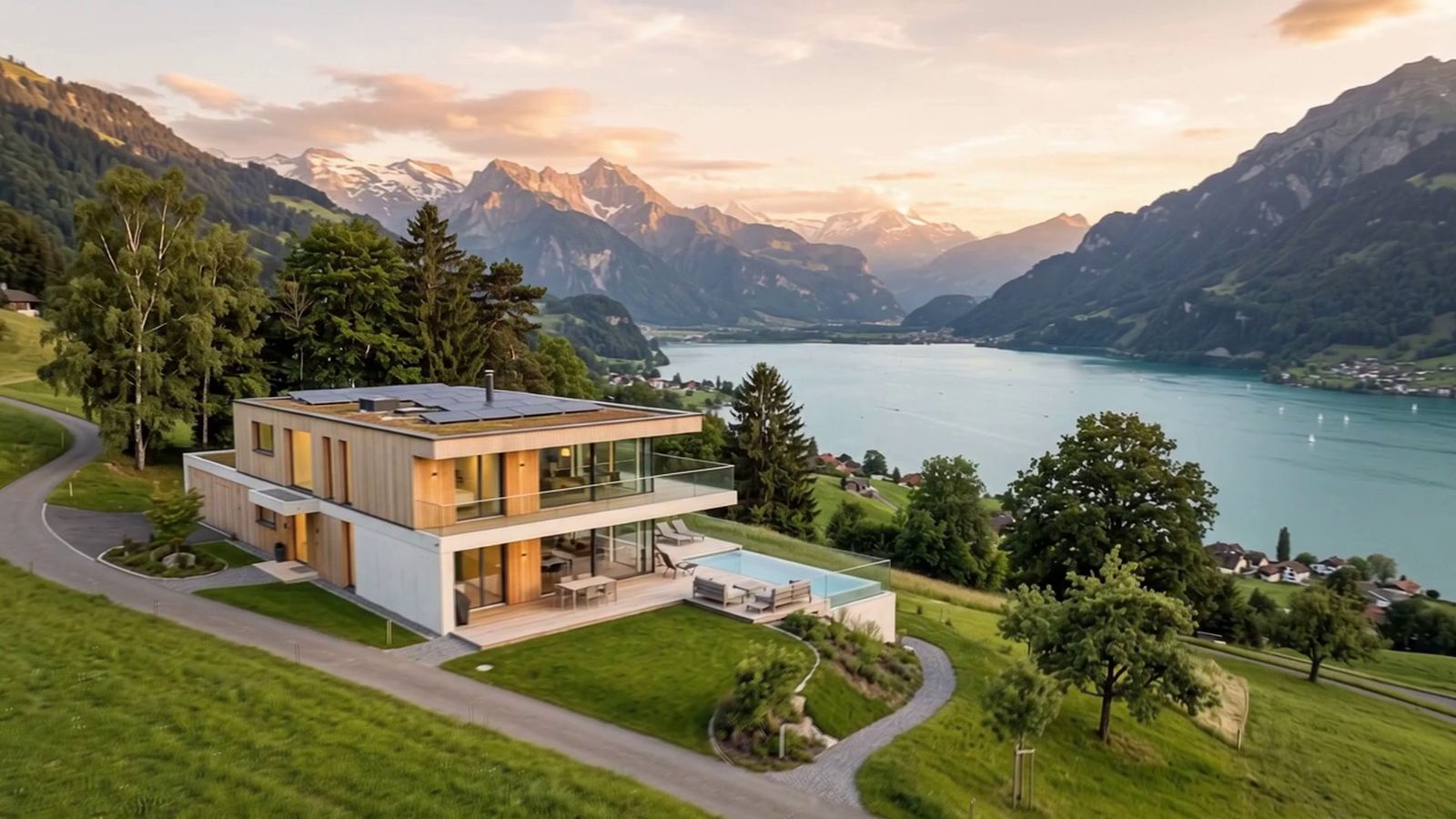Einfamilienhaus mit Holzfassade und Pool über einem See, Kamerafahrt aus der Luft