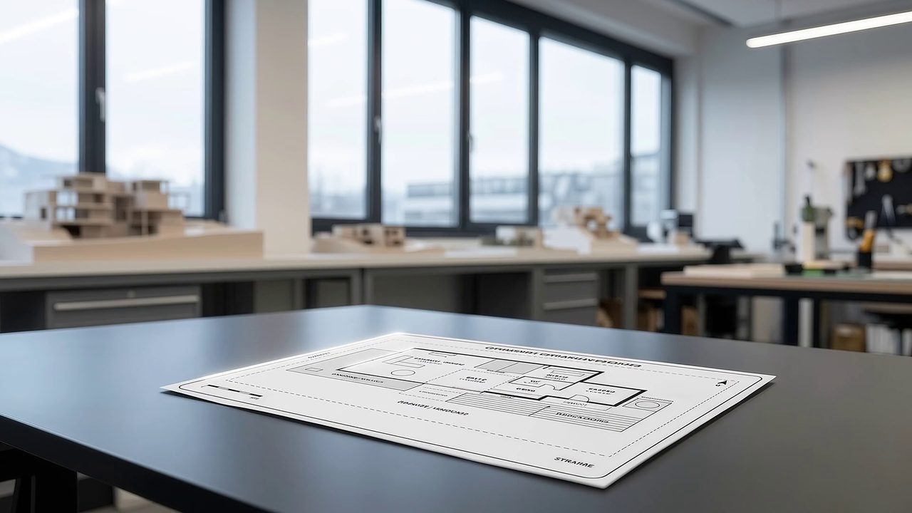 Bauplan auf einem Tisch, aus dem ein Architekturmodell entsteht