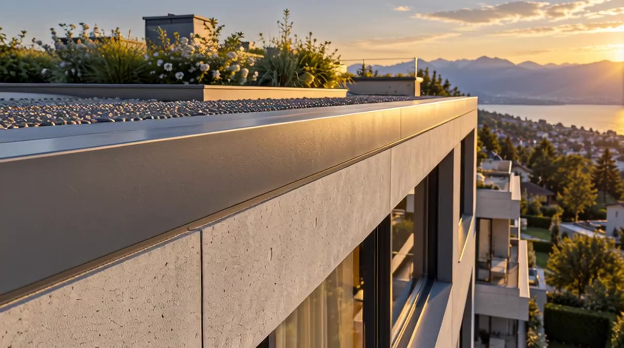 Dachkante mit Blechabdeckung und Sichtbeton aus nächster Nähe
