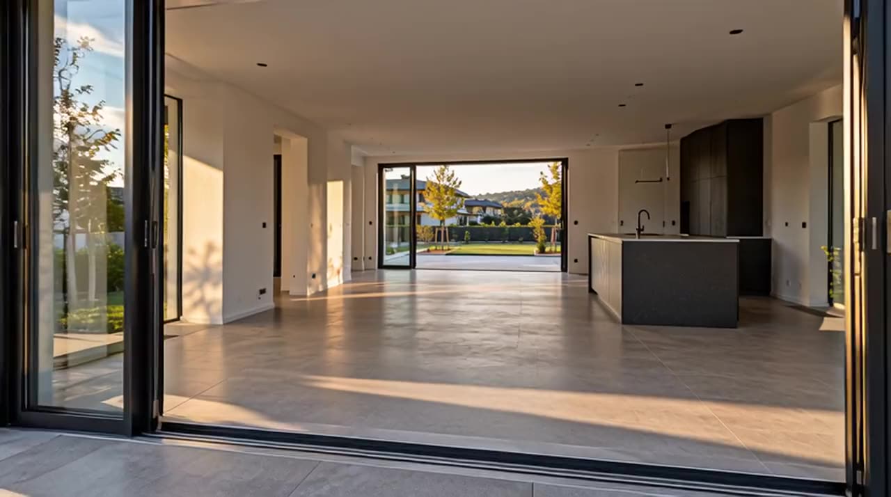 Blick durch eine offene Schiebetür in einen Wohnraum bis zur Terrasse auf der Gegenseite